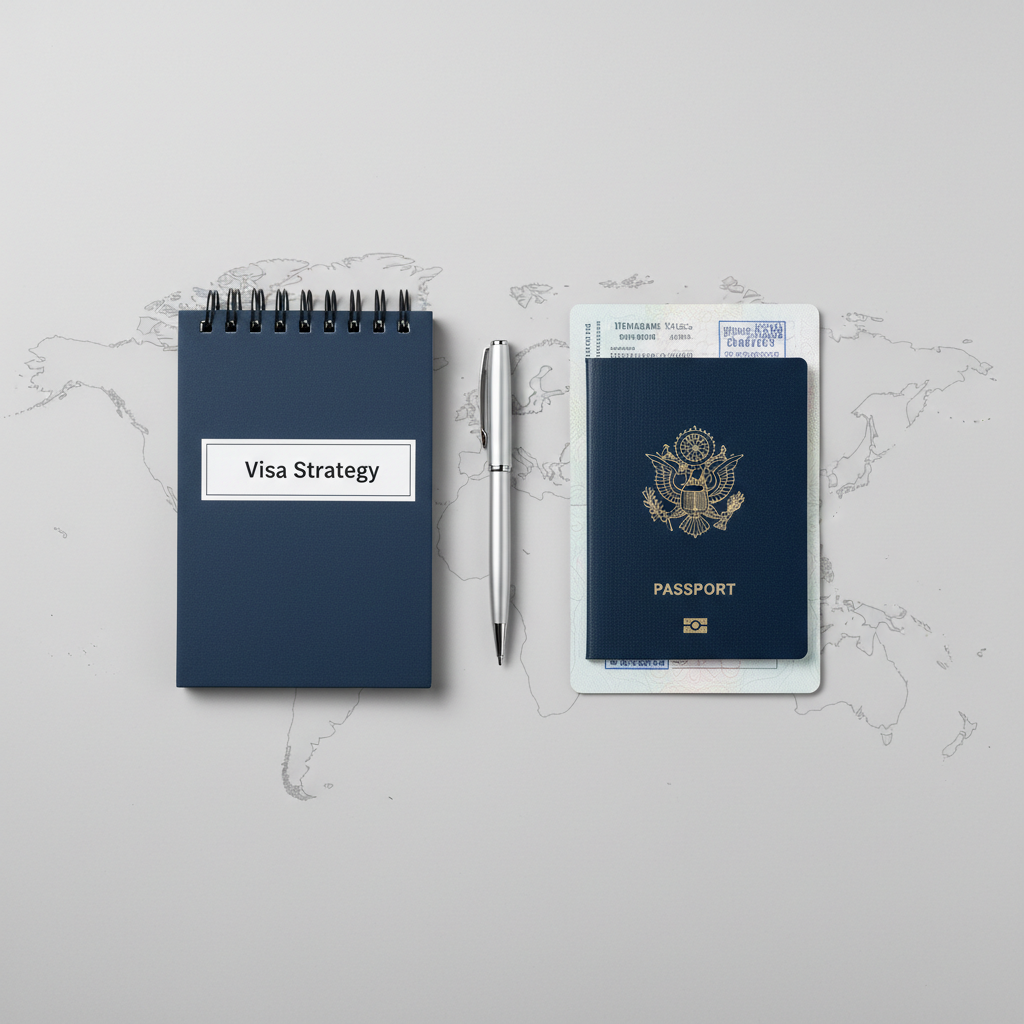 A precisely arranged flat lay of visa-related items on a smooth light-grey surface: a biometric passport with an embossed coat of arms, a partially visible visa approval stamp on crisp white paper, a navy-blue spiral notebook labeled “Visa Strategy,” and a slim silver pen aligned perfectly parallel. A minimalist world map outline is faintly printed beneath, adding subtle geographic context. Soft studio lighting from above evenly illuminates the scene, creating gentle, controlled shadows that highlight each object’s texture. The composition follows a grid-like, structured layout with sharp focus across the frame. The mood is calm, meticulous, and reassuring, conveying thorough preparation and professional visa guidance in a clean, modern photographic style.