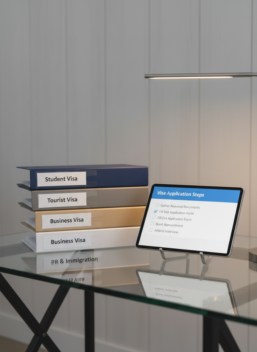 An elegant glass-topped desk with a neatly arranged set of labeled folders: “Student Visa,” “Tourist Visa,” “Business Visa,” and “PR & Immigration,” each in muted tones of navy, charcoal, sand, and white. A slim digital tablet displays a clear checklist interface titled “Visa Application Steps,” while a slim metallic desk lamp casts soft, focused light over the workspace. The background is a neutral, blurred office wall with subtle vertical panels. Shot from a slightly elevated angle with a rule-of-thirds composition, the image has sharp focus on the folders and tablet, with smooth bokeh beyond. The atmosphere is structured, efficient, and highly professional, rendered in realistic corporate photography style.