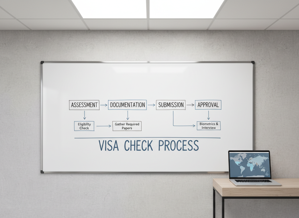 A modern whiteboard mounted on a light stone-grey office wall, covered with a neatly drawn process flow for visa applications using fine black lines and muted blue accents. Boxes read “Assessment,” “Documentation,” “Submission,” and “Approval,” connected by clean arrows. Beside the whiteboard, a slim laptop on a minimalist console table displays a world map with highlighted study and travel destinations in soft neutral blues. Overhead, diffused office lighting produces an even, shadow-free illumination that enhances clarity. Captured straight-on with a wide, symmetrical composition and sharp focus from edge to edge, the mood is methodical, transparent, and reassuring, conveying Visa Check’s structured guidance in a polished, photographic corporate aesthetic.