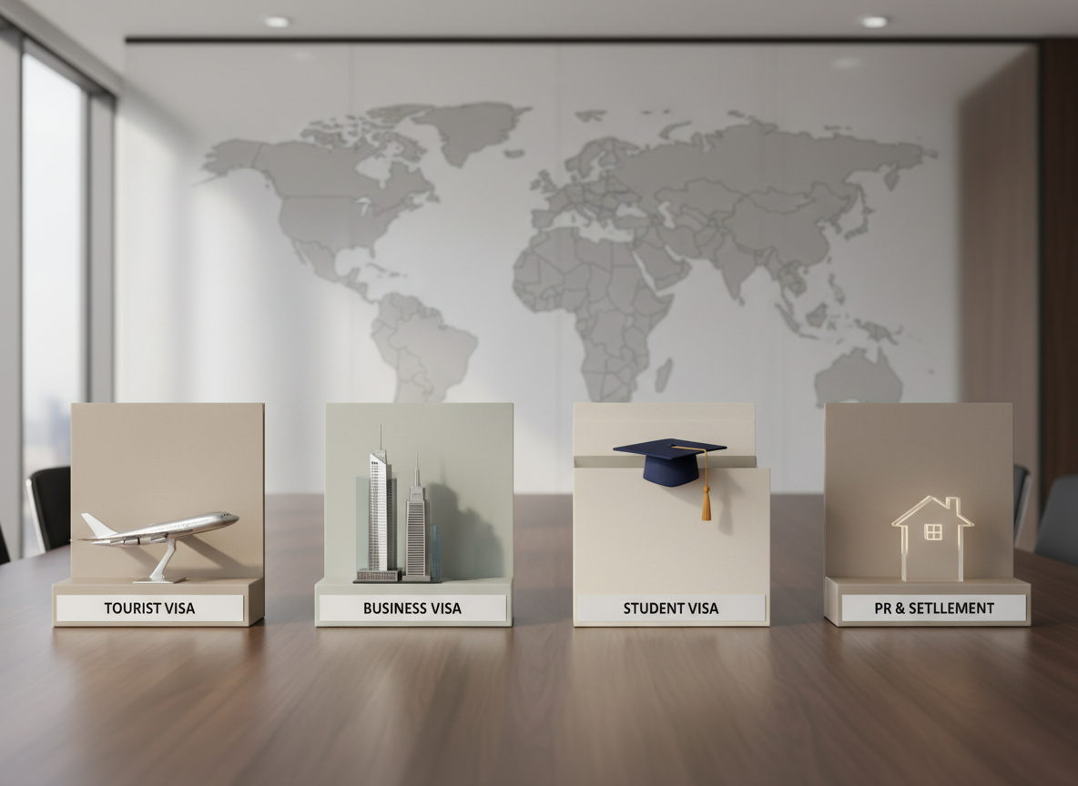 A refined, corporate-style meeting table in matte walnut finish, set with four distinct visa consultation portfolios: one featuring a small model airplane for tourist visas, another with a miniature skyscraper for business visas, a graduation cap icon for student visas, and a subtle house-shaped outline for PR and settlement. Each sits on a neatly aligned, neutral-toned folder with printed headings. A large frosted-glass panel in the background bears an understated world map graphic. Soft, indirect daylight from tall windows creates gentle highlights on the table’s surface and soft shadows beneath each object. Shot from a slightly elevated angle with a balanced composition and moderate depth of field, the scene feels strategic, organized, and high-end, in a clean, realistic photographic style.